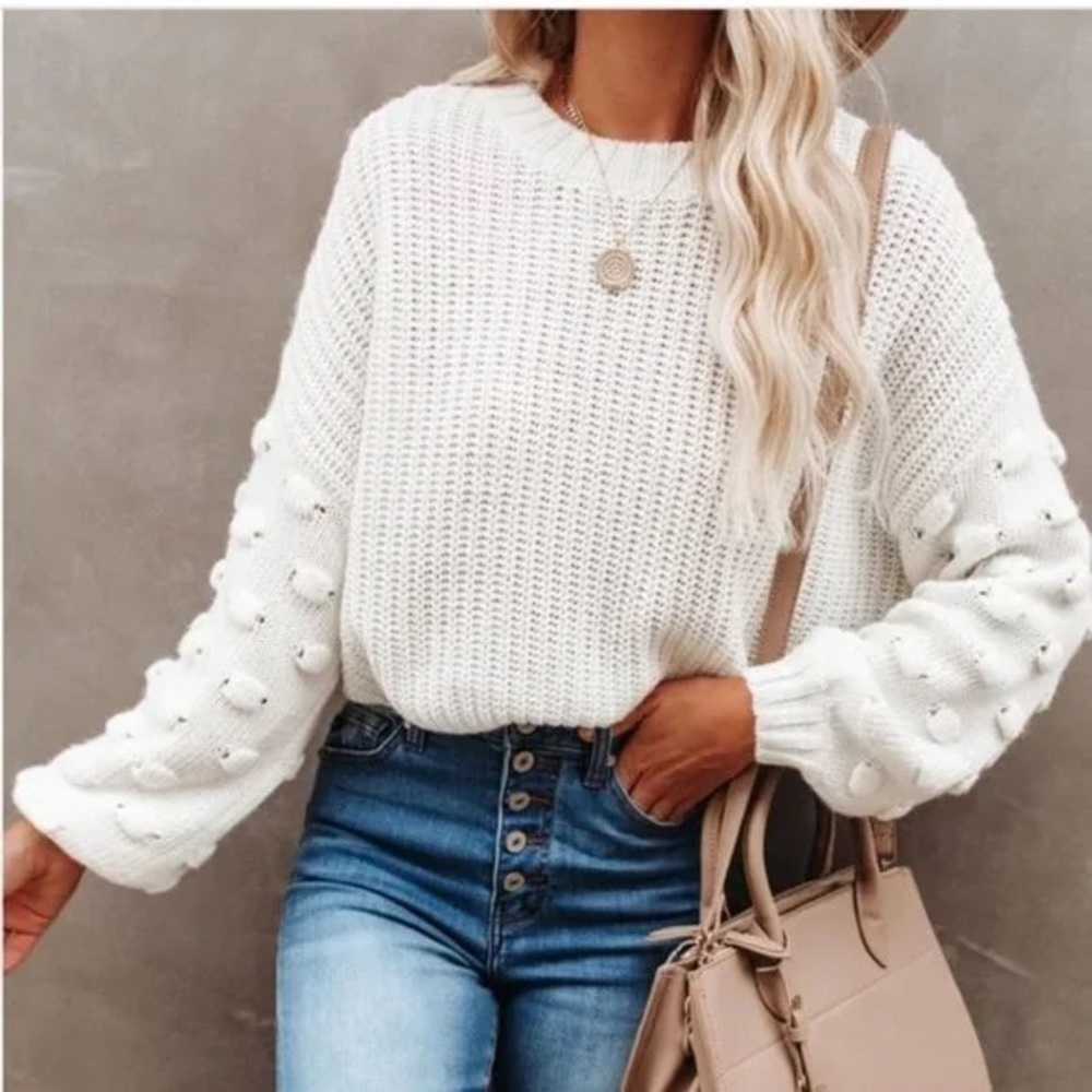 En Creme Pom Pom Balloon Sleeve Cropped Knit Sweater Large